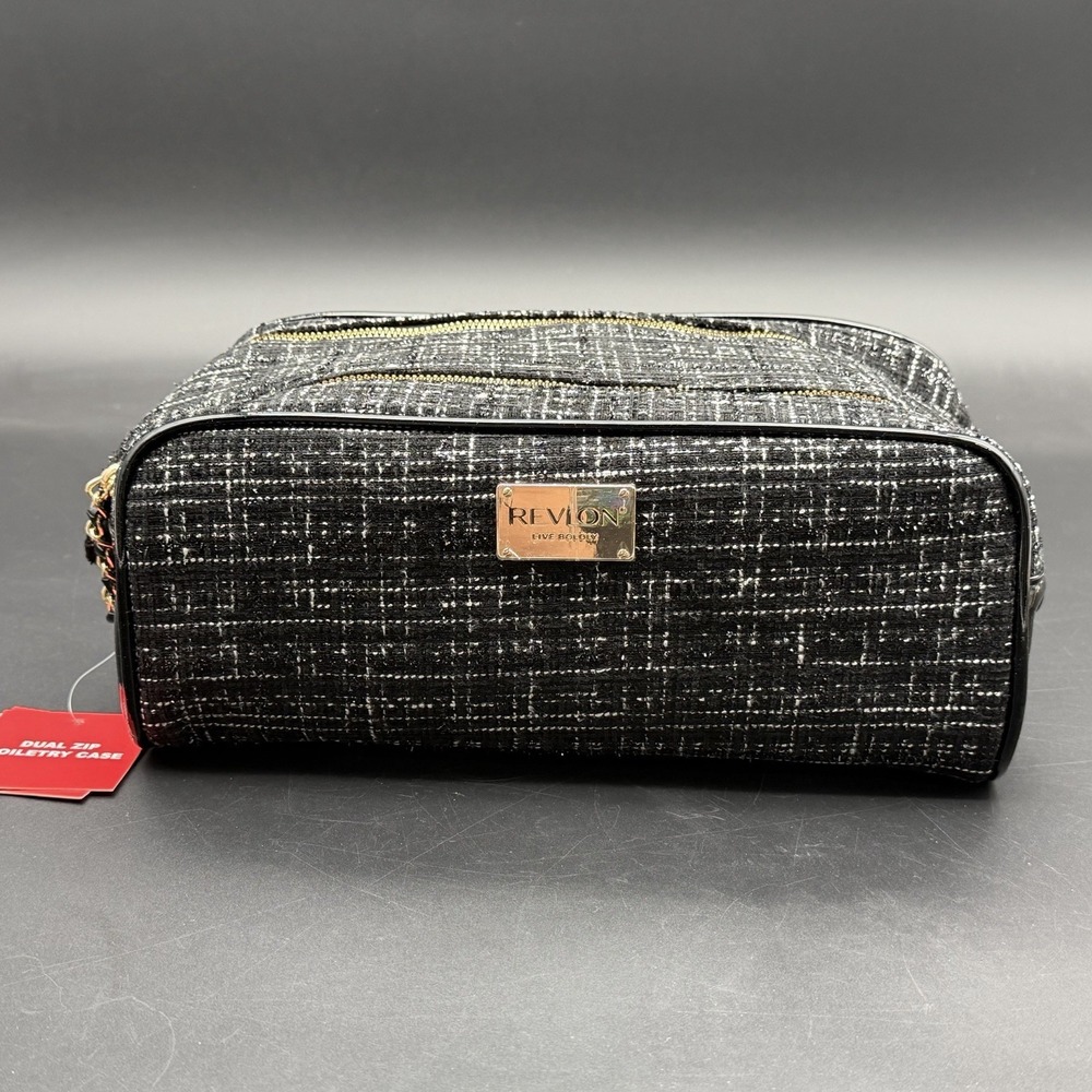 Revlon Women Tweed Makeup Bag Dual Zip Toiletry Case Medium NWT Travel Coquette